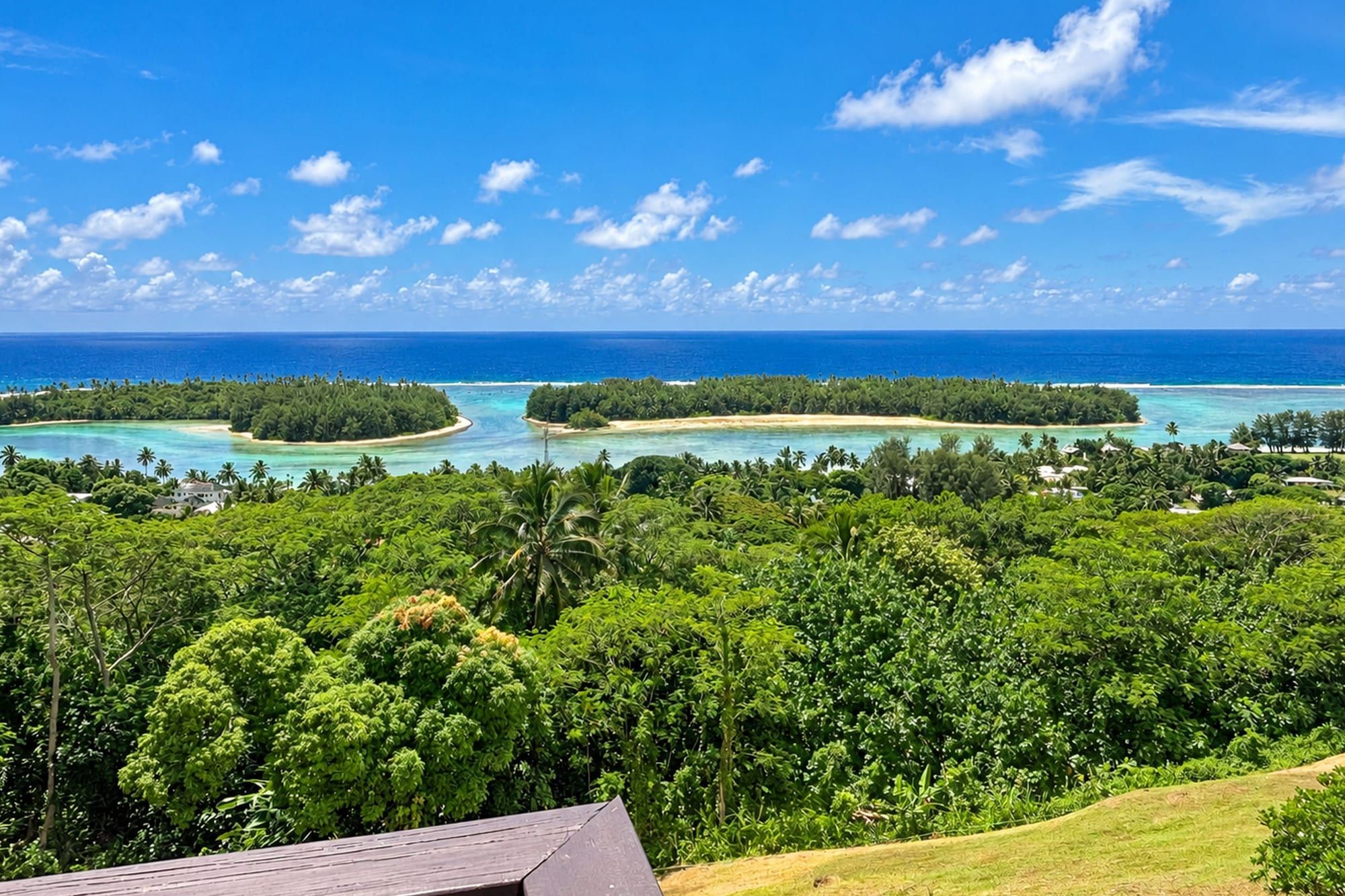 View from the property over Muri Lagoon, its motu islands and the reef, Muri, Rarotonga, Cook Islands