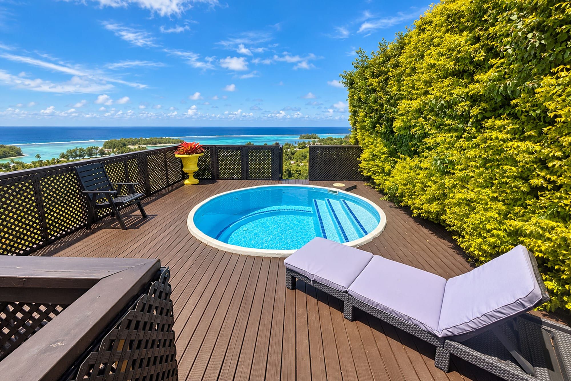 Plunge pool and sun lounger on a private deck overlooking Muri Lagoon, Muri, Rarotonga, Cook Islands